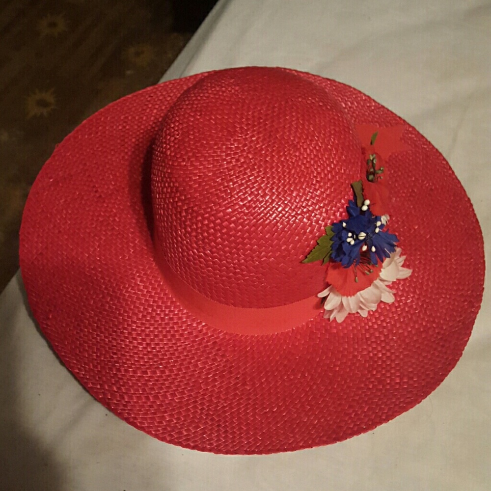 Red woven straw with ribbon and flowers vintage